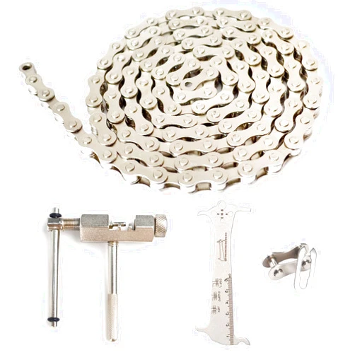 OugeWood Single Speed Bike Chain Repair Kit Include Bicycle Chain Single Speed Fully Plated 1/2 x 1/8 Inch 114 Links/Chain Breaker/Chain Checker/1 Pairs Bicycle Missing Link，Reusable（Silver）
