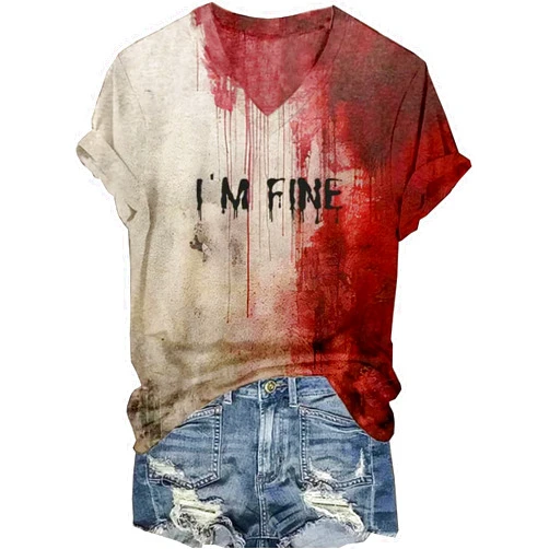 TOTWOW Halloween V-Neck Bloody Shirt Women Blood Splatter Horror T-Shirts Halloween Blood Stain Horror Movie Graphic Tees Tops