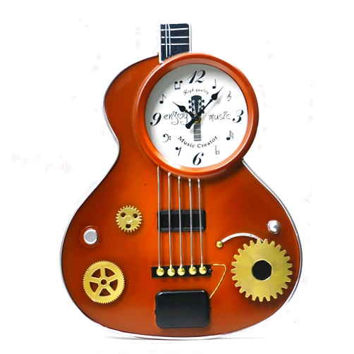 AOROTOE Guitar Wall Clock – Retro Brown Metal Guitar-Shaped Clock with Gears, Silent Non-Ticking, Music Room Decor for Musicians, Music Lovers, Men, Teens, 16