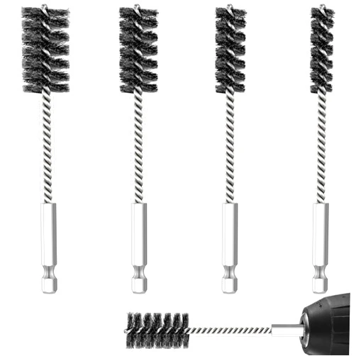 Hicarer 4 Pcs Stainless Steel Wire Brush for Drill Bore Brush Set with Hex Shank Handle Wire Brushes for Drill Ports Tubes Bearings Cleaning Parts Attachments and More, 3/8'', 1/2'', 3/4'', 7/8''