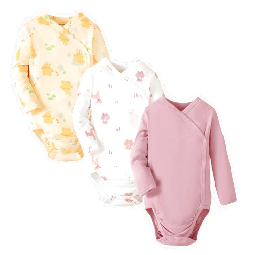 DEFAHN Baby Side Snap Bodysuit Kimono Onsies Newborn Boy Girl 3-Pack 100% Cotton Basic Pattern Kimono Bodysuits