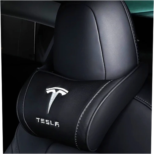 Axdt Compatible with Tesla Neck Pillow Premium Memory Foam Hanging Logo Seat Pillow Car Leather Headrest for Tesla Accessories (tsl-car Black headrest
