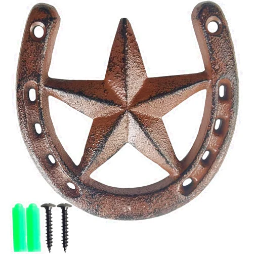 RONYOUNG Cast Iron Horseshoe with Star Wall Decor, Medium Horseshoe Durable Cast Iron for Indoor Or Outdoor