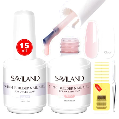 SAVILAND Builder Nail Gel Kit - 2 Colors 5-in-1 Nails Builder Extension Gel, Clear&Nudes Hard Gel for Nails, Nail Extension Kit with 100pcs Nail Forms Nail Clips for Professionals & Beginners