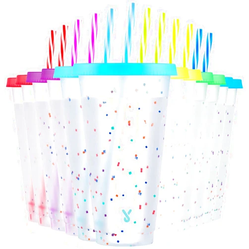 Meoky Confetti Color Changing Cups with Lids and Straws for Iced Coffee, Party, Pool - 12 Pack 24oz Reusable Plastic Tumblers for Kids and Adults