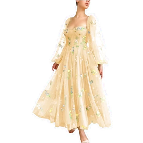 Mirapang Tulle Prom Dresses Flower Embroidery Puffy Sleeve Tea Length A Line Formal Evening Party Gowns for Women
