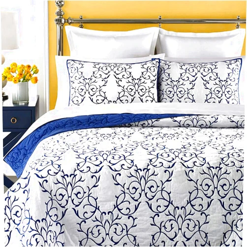 mixinni Reversible King Quilt 3-Piece Blue Embroidery Pattern Elegant Quilt Set with Embroidered Decorative Shams Soft Cotton King Size Bedspread&Coverlet Set-King, Blue