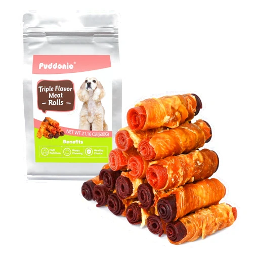 Puddonio Dog Treats, Triple Flavor Chicken Duck Beef Meat Rolls, Rawhide Free Dog Snacks, Soft Treats for Small Dogs, 21.16 oz