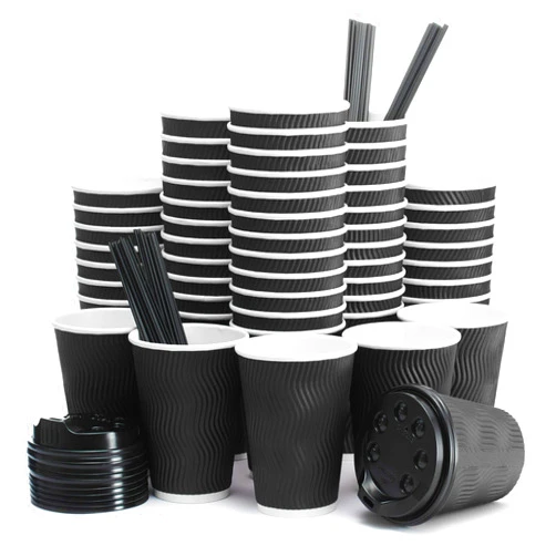 Primens Insulated Disposable Coffee Cups with Lids & Straws 12 oz, 100 Packs - Paper Cups for Hot Beverage Drinks To Go Tea Coffee Home Office Car Coffee Shop Party (Black)