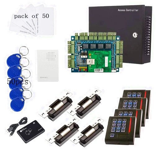 MENGQI-CONTROL ANSI Standard North American Heavy Duty Electric Strike Lock TCP/IP Based 4 Doors Access Control Systems with 4 Door Wiegand Access Controller 110V-240V Power Supply Box Keypad Reader