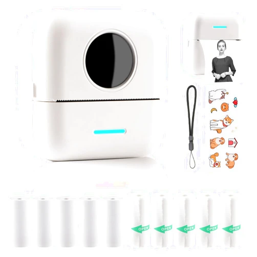 HuiJuKeJi Mini Sticker Printer Bluetooth Smart Pocket Inkless Thermal Printer with 11 Rolls Thermal Paper and Sticker for iOS&Android, Portable Receipt Printer for Photo Journal Notes Memo