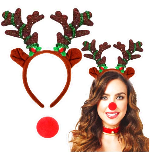 Glynisyz Christmas Reindeer Antlers Headbands with Red Nose, Deer Antlers Headband with Glitter Sequins Christmas Reindeer Ears Headband for Adults Xmas Party Favors Cosplay Costume Supplies