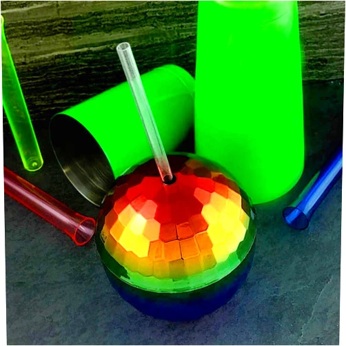 BARCONIC Rainbow Disco Ball Novelty Cup - Plastic with Straw and Lid - 12 ounce