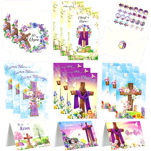 Blulu 48 Sets Easter Greeting Cards He Is Risen Religious Cards 6 x 8'' with Envelopes and Stickers Spring Jesus Cross Inspiring Bible Alleluia Cards for Christians Party Favors