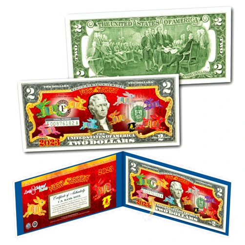 Merrick Mint 2023 Chinese Lunar New Year of The Rabbit Polychromatic 8 Colorized Rabbits Uncirculated Two Dollar Bill Special Edition Collectible Blue Folio & Red Envelope