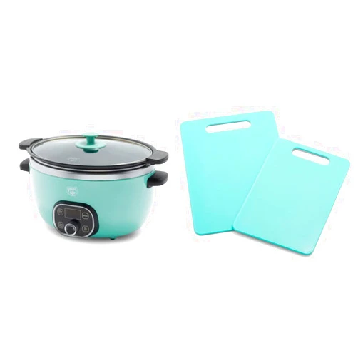 GreenLife Cook Duo Healthy Ceramic Nonstick 6QT Slow Cooker, PFAS-Free, Digital Timer, Dishwasher Safe Parts, Turquoise & 2 Piece Cutting Board Kitchen Set, Dishwasher Safe, Extra Durable, Turquoise