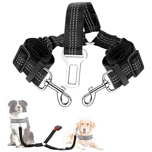 SlowTon Dog Seat Belt, Double Dog Seatbelt Adjustable Vehicle Safety Leash with Elastic Bungee Buffer, Reflective No Tangle Y Shape Two Dog Harness Seat Belt Splitter for Pets Car Trip (Black, M)
