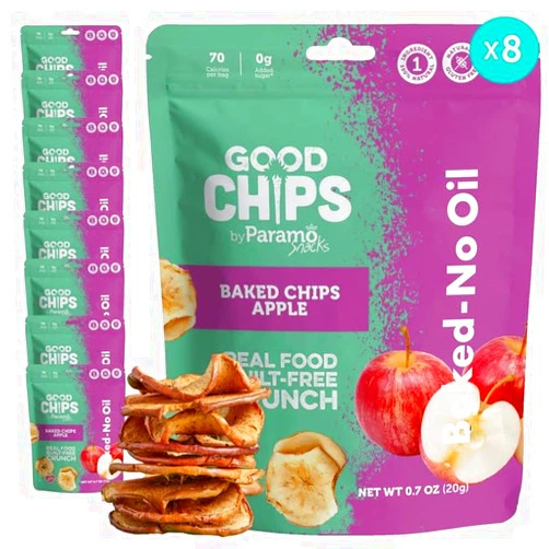 Good Chips by Paramo Snacks GOOD CHIPS Baked Apple Chips, Crispy & Naturally Sweet, No Oil, No Added Sugar, Vegan, Gluten-Free Healthy Snack. 0.7 oz Bags, Pack of 8