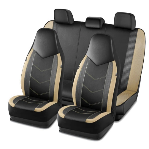 PIC AUTO Leather Car Seat Covers, Sports Carbon Fiber & Mesh Design, High-Back Full Set, Waterproof Automotive Seat Covers, Airbag Compatible, Universal Fit for Cars, SUVs, Trucks (Black & Beige)
