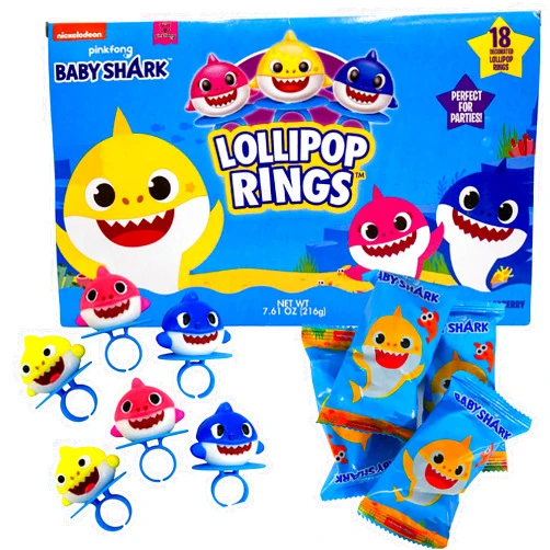 Imaginings 3 Baby Shark Lollipop Rings, Individually Wrapped Birthday Party Favors and Supplies, Character Shaped Assorted Fruit Flavored Lollipops, Candy Easter Basket Stuffers, 20 Ring, 0.84 Ounces