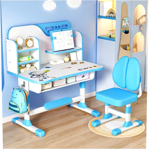 Tulkdexi Kids Desk and Chair Set, Children School Study Table Chair Set, Ergonomic Desk Chair with Large Writing Board, Bookshelf and Drawer Blue, 3888198