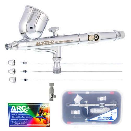 Master Airbrush G233 Pro Set with 3 Nozzle Sets - Dual-Action Gravity Feed Airbrush with Cutaway Handle and How-To Guide
