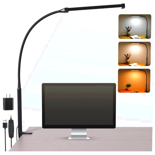 Voncerus LED Desk Lamp with Clamp, Eye-Caring Clip on Lights for Home Office, 3 Modes 10 Brightness, Long Flexible Goose-Neck, Metal, Swing Arm Architect Task Table Lamps with USB Adapter, Black