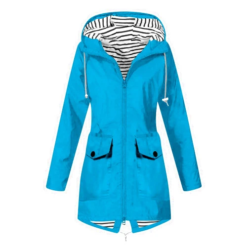 Rkwins Rain Jacket Women Waterproof with Hood Striped Lined Rain Jacket Elastic Waist Mid Length Windbreaker Zip Up Raincoat