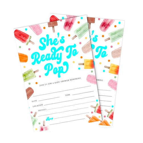 Handmade Expressionz Cafe She's Ready to Pop Summer Popsicle Baby Shower 5x7 Invitations with Envelopes, Fill Out Cards for Baby Shower Celebration (Pack of 25)