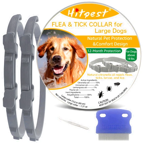 Hitpest Flea and Tick Collar for Large Dog, 12-Month Full-Body Protection, Natural Ingredients, Free Flea Comb and Tweezers Included, 2 packs