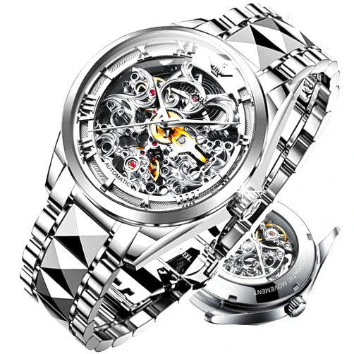 OLEVS OUPINKE Mens Automatic Watch Skeleton Self Winding Watches for Men Hollow Men's Mechanical Watch Collection Wrist Watch No Battery Sapphire Crystal 50M Waterproof Tungsten Steel