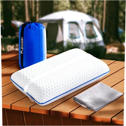 Fulocean Travel & Camping Cooling Memory Foam Pillow for Backpacking&Airplanes,Small Pillow for Hiking&Car Sleeping with Washable Bamboo Rayon Cover Dual-Sided & Portable Bag,Compressible Compact,Waterproof