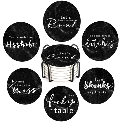 Bribay Coasters for Drinks Set of 6, Black Marble with Funny Quotes Sayings Absorbent Round Ceramic Stone Mat, with Cork Base and Metal Holder, Gift for Housewarming Room Bar Decor