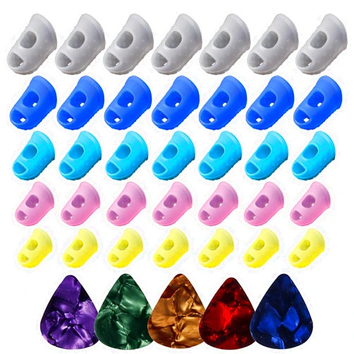 AUGSUN 40pcs Guitar Silicone Finger Protector,Color Fingertip Protection Covers Caps in 5 Sizes for Beginner Playing Ukulele Electric Guitar and 5 Guitar Picks