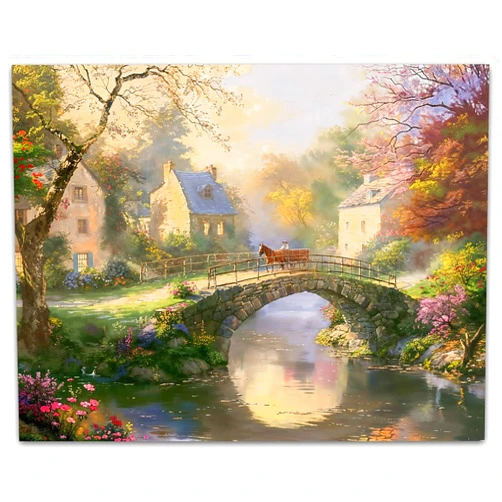 Lone Star Art Morning Delivery: 11x14 Unframed Poster- Old World Country Painting of Hometown Bridge, Cobblestone Village, Countryside Landscape, Farmhouse Decor w/Old Houses Architecture, Stream, & Horse & Bridge