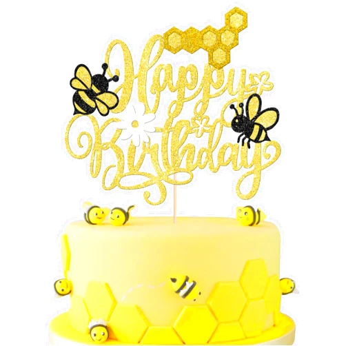 ZHUOWEISM 1 PCS Bumble Bee Happy Birthday Cake Topper Glitter Honeycomb Flower Happy Bee Day Cake Pick Bumble Bee Theme Birthday Cake Decorations for Baby Shower Kids Boys Girls Birthday Party Supplies Gold