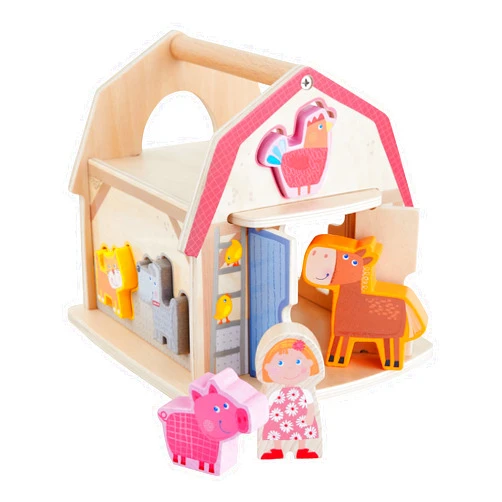 HABA Farmhouse Sorting Box Wooden Shape Sorter Toy with 6 Chunky Wood Farm Animals