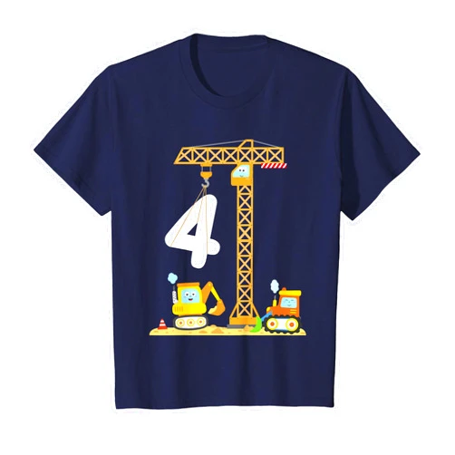 4th Birthday Construction Machinery Designs Kids Birthday 4 Year Old Boy Construction Vehicles Digger Crane T-Shirt