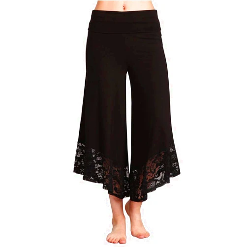 HEYHUN Women's Solid Tie Dye Wide Leg Flared Capri Boho Gaucho Pants w/Lace Detail