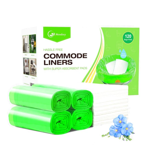 Moodooy Commode Liners With Absorbent Pads -120 Bedside Commode Liners & Pads,Medical Grade Pack Commode Liners,Adult Potty Chair Liners Bedside Commode Liners Disposable,Universal Fit All Standard