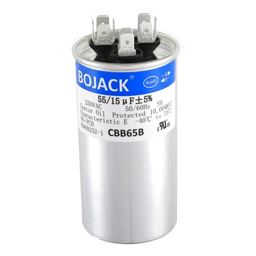 BOJACK 55+15 uF 55/15 MFD ±5% 250V CBB65B Dual Run Circular Start Capacitor for AC Motor Run or Fan Start or Condenser Straight Cool or Heat Pump air Conditioner