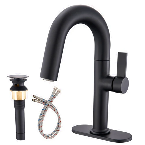 Maceel Matte Black Bathroom Sink Faucet 1 Or 3 Hole,Single Handle Bathroom Faucets with 2 Spray Function，360° Swivel Spout for Vanity Sink Faucet.Includes Deck Plate, Copper Pop-Up Drain