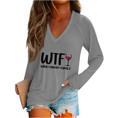 MKLUNJOP Womens Fall Tops Plus Size Long Sleeve Plunger Sleeve Letter Printed Casual Long Sleeve V-Neck Top