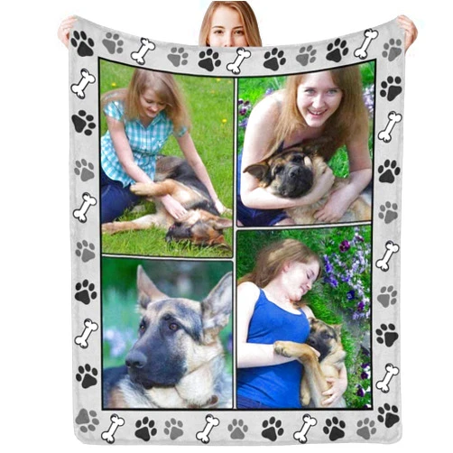 COLORSFORU Custom Blanket with Dog Picture Name Personalized Text Blanket Photo Collage Blanket Memorial Gift Loss Dog Sympathy Remembrance Blanket Gift for Kids Pet Owner Dog Paw Print Bones