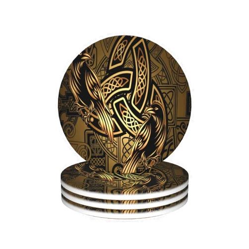Xench Round Ceramic Coasters Sets of 4, Vikings Pagan Celtic Knot with Odin Ravens Drink Coasters for Tabletop Protection for Stone Home Decor