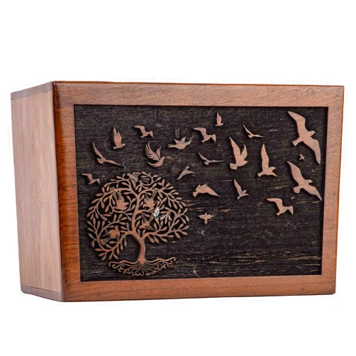 INTAJ Handcarved Wooden Cremation Urn for Human Ashes - Tree of Life Birds Design, 250 lbs Capacity, Suitable for Adult Men and Women - Decorative Funeral Urn Box and Casket