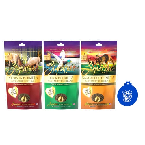 Felicia's Fabulous Finds Zignature Soft Moist Dog Treats in 3 Flavor Variety Bundle: 1 Kangaroo, 1 Duck and 1 Vension (3 Bags Total, 4 Ounces Each) Plus Shaynanigans Silicone Lid