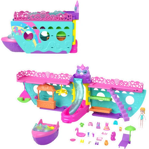 Polly Pocket Portable Boat Playset with Water Play & Color-Change Accessories, Unicorn Dream Cruise Includes 1 Doll & 23 Total Pieces