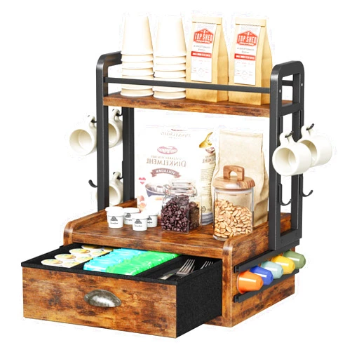Homeiju Coffee Pod Drawer Organizer, 40 K-Cup Storage with 8 Mug Hooks, Compatible with Nespresso Vertuo & Keurig, Countertop Coffee Station Organizer for Kitchen Cabinet, Rustic Brown