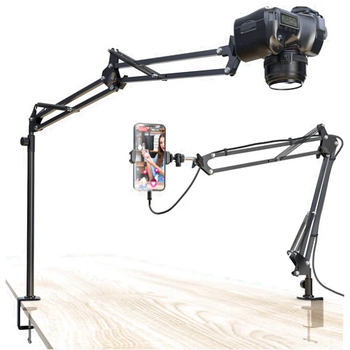 CACENCAN Overhead Camera Mount, 5lb Horizontal Load-Bearing, 360° Adjustable Camera Stand for Desk, Flexible Camera Arm Desk Mount, with Phone Clamp, Tabletop Mount for DSLR Camera/Webcam/Microphone